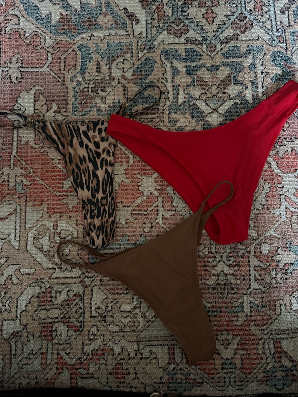 Trio of Bikini Bottoms — Red, Brown & Leopard